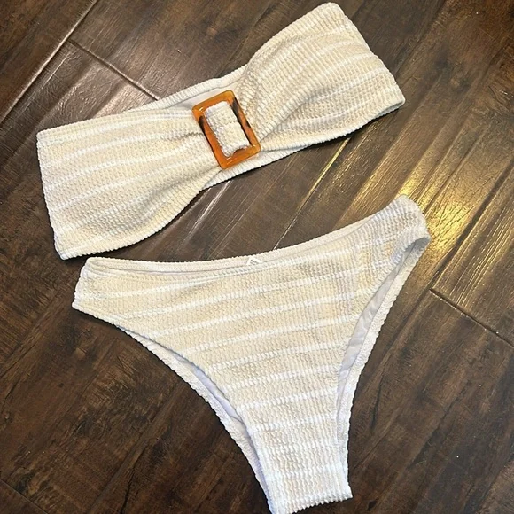 Hot!! NWOT Strapless Bikini Set Size S khaki & White - Picture 2 of 5